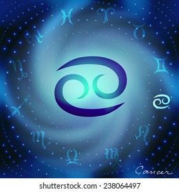 Space spiral with astrological Cancer symbol in center.