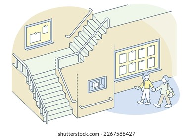 Space with stairs.
Students interact with each other.