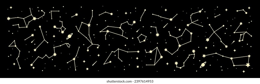 Space star constellation border. Galaxy night sky map, mystic astrology backdrop. Galaxy star constellation wallpaper, astronomy planetarium celestial panorama, pattern or esoteric zodiac vector print