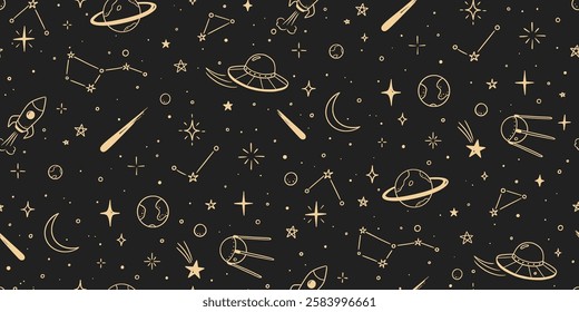 Space star galaxy vector seamless pattern. Hand drawn doodle sketch line style galaxy planet star, rocket, moon cute sky background. Space planet kid doodle universe pattern. Vector illustration