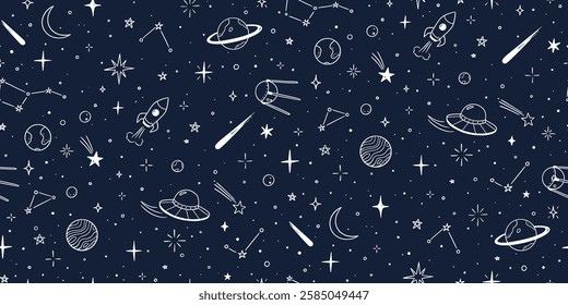 Space star galaxy vector seamless pattern. Hand drawn doodle sketch line style galaxy planet star, rocket, moon cute sky background. Space planet kid doodle universe pattern. Vector illustration