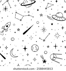 Space star galaxy vector seamless pattern. Hand drawn doodle sketch line style galaxy planet star, rocket, moon cute sky background. Space planet kid doodle universe pattern. Vector illustration