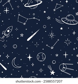 Space star galaxy vector seamless pattern. Hand drawn doodle sketch line style galaxy planet star, rocket, moon cute sky background. Space planet kid doodle universe pattern. Vector illustration
