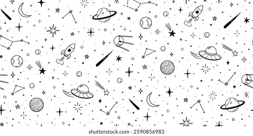 Space star galaxy vector seamless pattern. Hand drawn doodle sketch line style galaxy planet star, rocket, moon cute sky background. Space planet kid doodle universe pattern. Vector illustration