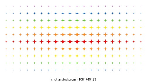 Space star icon spectrum halftone pattern. Vector space star symbols are arranged into halftone grid with vertical spectrum gradient. Designed for backgrounds, covers, templates and abstract concepts.
