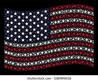 Space star items are composed into waving USA flag abstraction on a dark background. Vector concept of America state flag is organized of space star items.