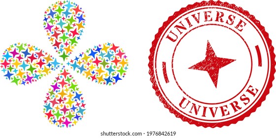 Space star multicolored rotation flower shape, and red round UNIVERSE rubber stamp. Space star symbol inside round rubber print. Element cluster organized from random space star items.
