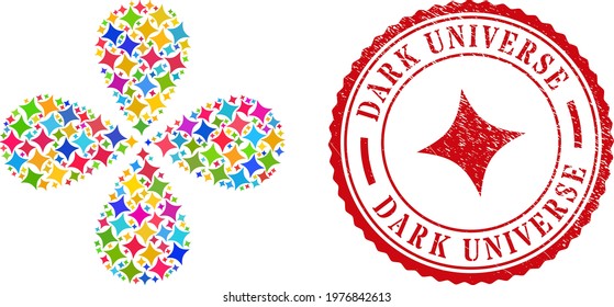Space star multicolored twirl spin, and red round DARK UNIVERSE dirty stamp seal. Space star symbol inside round stamp print. Object flower composed from random space star symbols.
