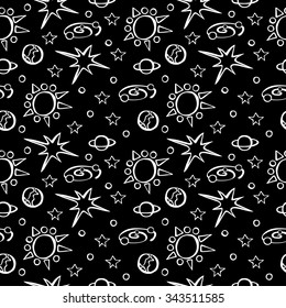 Space: star and planet. Doodle. Hand drawn. Vector seamless pattern (background).