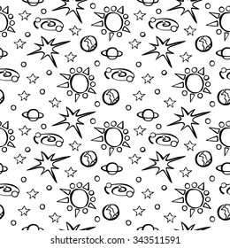 Space: star and planet. Doodle. Hand drawn. Vector seamless pattern (background).