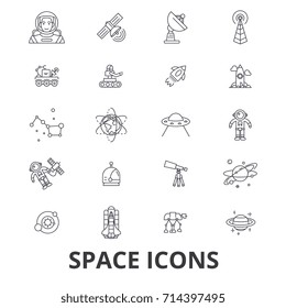 Space, star, planet, spaceship, outer, galaxy, astronaut, earth, universe, moon line icons. Editable strokes. Flat design vector illustration symbol concept. Linear signs isolated