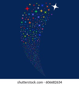 Space Star random fireworks stream. Vector illustration style is flat bright multicolored iconic symbols on a blue background. Object fountain created from scattered pictograms.