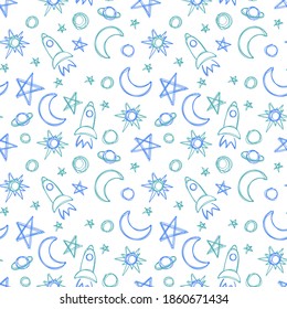 Space star, rocket and planet. Moon sketch. Seamless pattern. Hand drawn vector illustration. Pen or marker doodle. Line art silhouettes. Repeat contour drawing.