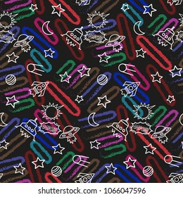 Space,  star,  spaceship,  unidentified flying object,  pattern. Background texture, Vector illustration. Children's drawing in pencil.