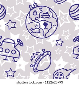 Space,  star,  spaceship,  unidentified flying object,  pattern. Background texture, Vector illustration. Children's drawing in pencil.