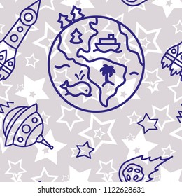 Space,  star,  spaceship,  unidentified flying object,  pattern. Background texture, Vector illustration. Children's drawing in pencil.