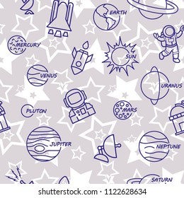 Space,  star,  spaceship,  unidentified flying object,  pattern. Background texture, Vector illustration. Children's drawing in pencil.