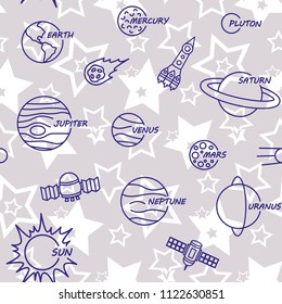 Space,  star,  spaceship,  unidentified flying object,  pattern. Background texture, Vector illustration. Children's drawing in pencil.