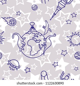 Space,  star,  spaceship,  unidentified flying object,  pattern. Background texture, Vector illustration. Children's drawing in pencil.