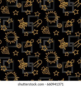 Space,  star,  spaceship,  unidentified flying object,  pattern. Background texture, Vector illustration. Children's drawing in pencil.