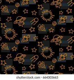 Space,  star,  spaceship,  unidentified flying object,  pattern. Background texture, Vector illustration. Children's drawing in pencil.
