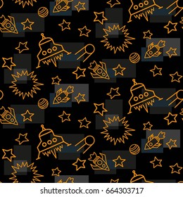 Space,  star,  spaceship,  unidentified flying object,  pattern. Background texture, Vector illustration. Children's drawing in pencil.