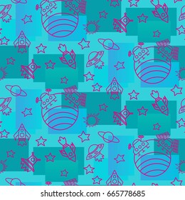 Space,  star,  spaceship,  unidentified flying object,  pattern. Background texture, Vector illustration. Children's drawing in pencil.