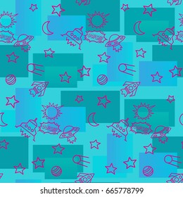 Space,  star,  spaceship,  unidentified flying object,  pattern. Background texture, Vector illustration. Children's drawing in pencil.