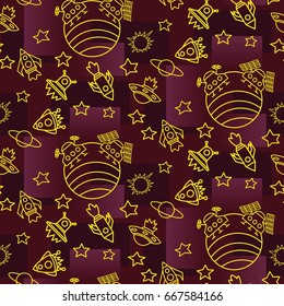 Space,  star,  spaceship,  unidentified flying object,  pattern. Background texture, Vector illustration. Children's drawing in pencil.