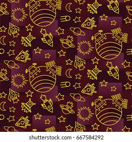 Space,  star,  spaceship,  unidentified flying object,  pattern. Background texture, Vector illustration. Children's drawing in pencil.