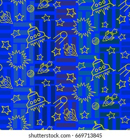 Space,  star,  spaceship,  unidentified flying object,  pattern. Background texture, Vector illustration. Children's drawing in pencil.