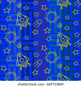 Space,  star,  spaceship,  unidentified flying object,  pattern. Background texture, Vector illustration. Children's drawing in pencil.