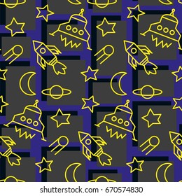 Space,  star,  spaceship,  unidentified flying object,  pattern. Background texture, Vector illustration. Children's drawing in pencil.
