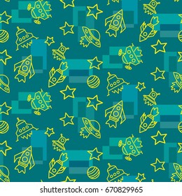 Space,  star,  spaceship,  unidentified flying object  pattern. Background texture, Vector illustration. Children's drawing in pencil.