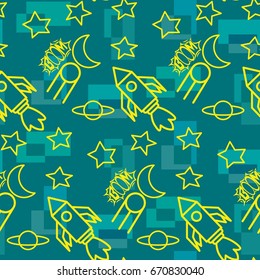 Space,  star,  spaceship,  unidentified flying object  pattern. Background texture, Vector illustration. Children's drawing in pencil.