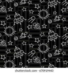 Space,  star,  spaceship,  unidentified flying object,  pattern. Background texture, Vector illustration. Children's drawing in pencil.