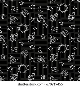 Space,  star,  spaceship,  unidentified flying object,  pattern. Background texture, Vector illustration. Children's drawing in pencil.