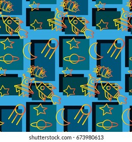 Space,  star,  spaceship,  unidentified flying object,  pattern. Background texture, Vector illustration. Children's drawing in pencil.
