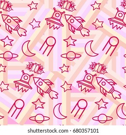 Space,  star,  spaceship,  unidentified flying object,  pattern. Background texture, Vector illustration. Children's drawing in pencil.