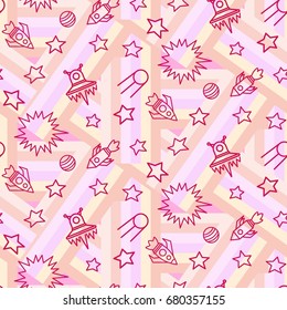 Space,  star,  spaceship,  unidentified flying object,  pattern. Background texture, Vector illustration. Children's drawing in pencil.