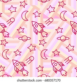 Space,  star,  spaceship,  unidentified flying object,  pattern. Background texture, Vector illustration. Children's drawing in pencil.
