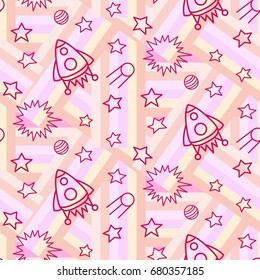 Space,  star,  spaceship,  unidentified flying object,  pattern. Background texture, Vector illustration. Children's drawing in pencil.