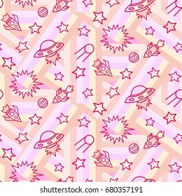 Space,  star,  spaceship,  unidentified flying object,  pattern. Background texture, Vector illustration. Children's drawing in pencil.