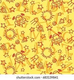 Space, star, spaceship, unidentified flying object pattern. Background texture, Vector illustration. Children's drawing with pencil.