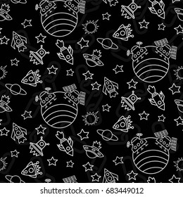 Space,  star,  spaceship,  unidentified flying object,  pattern. Background texture, Vector illustration. Children's drawing in pencil.