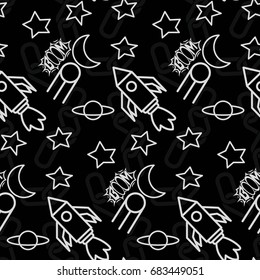 Space,  star,  spaceship,  unidentified flying object,  pattern. Background texture, Vector illustration. Children's drawing in pencil.