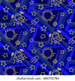 Space,  star,  spaceship,  unidentified flying object,  pattern. Background texture, Vector illustration. Children's drawing in pencil.