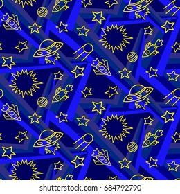 Space,  star,  spaceship,  unidentified flying object,  pattern. Background texture, Vector illustration. Children's drawing in pencil.