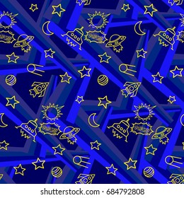Space,  star,  spaceship,  unidentified flying object,  pattern. Background texture, Vector illustration. Children's drawing in pencil.
