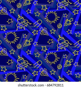 Space,  star,  spaceship,  unidentified flying object,  pattern. Background texture, Vector illustration. Children's drawing in pencil.